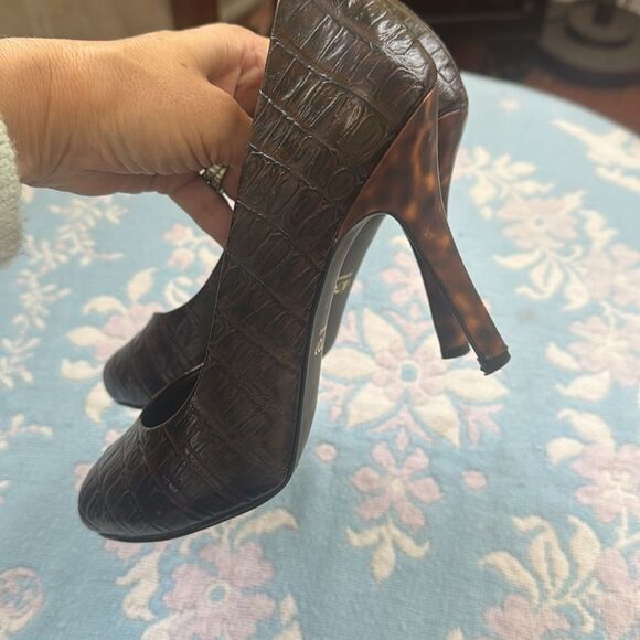 *Victor Alfaro* Sz 7.5 Croc Tortoise Brown Peep-Toe Leather Heels Pumps - Picture 5 of 7